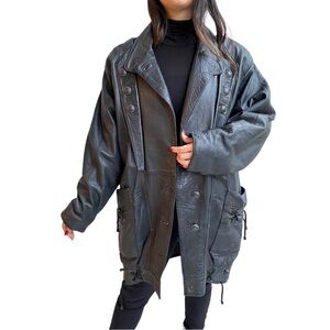 Vintage Longline Leather Jacket/Coat In Black Pirate Grunge Unisex Style